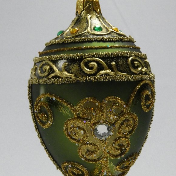 POLISH GALLERY Fabergé Egg 5-In Blown Glass Christmas Tree Ornament Royal GREEN - Picture 5 of 7